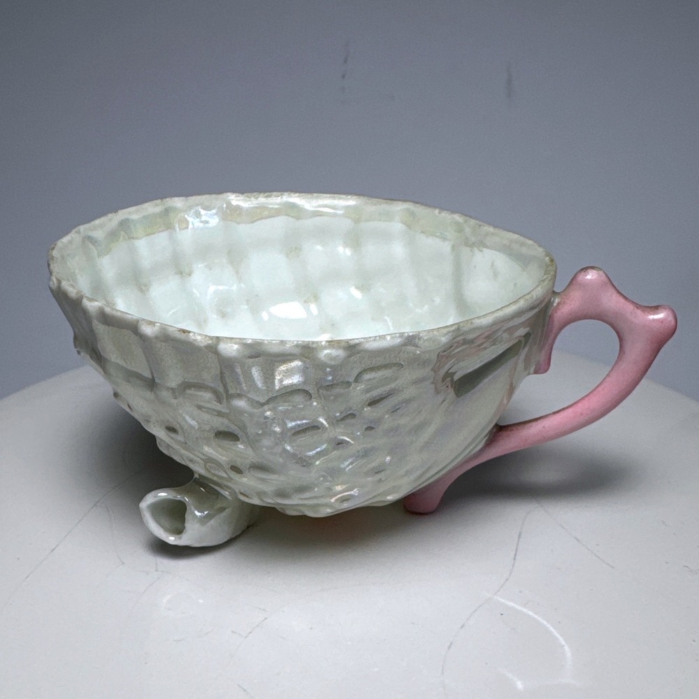 RS Germany Porcelain Teacup White Pink Good Iridescent Shell Lusterware Antique